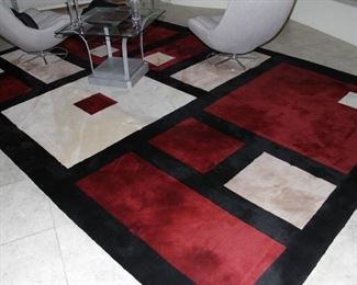 $450.00-Red, White & Black Wool Floor Rug-10 x 14