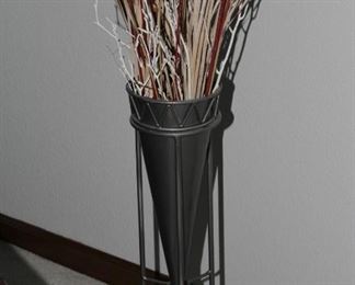 $35.00-Triangular Gray Metal Floor Vase with Sticks