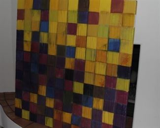 $375.00-Geometric Squares on Fiberboard-by Lionel (?)-Original Oil-artist somewhat unknown-no provenance-4ft x 4ft