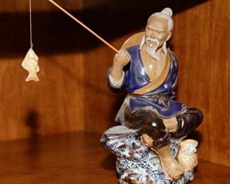 $22.00-Ceramic Asian Fisherman with Pole & Fish