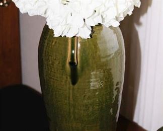 $27.00-Tall Green & Brown Vase with White Flowers