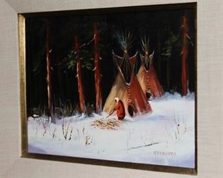 $38.00-Indian & Teepee Oil Painting-K. Richards