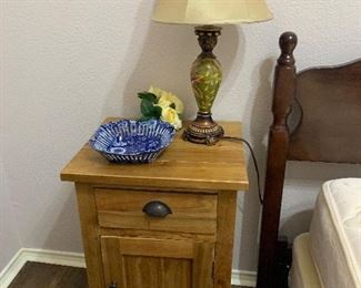 Pine nightstand, and table lamp