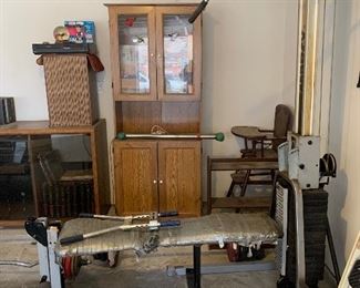 Weight bench, wooden highchair, cabinet
