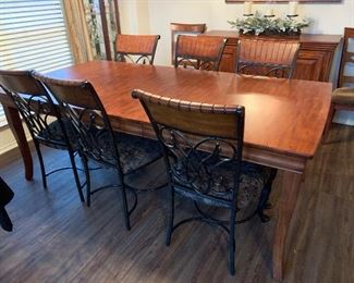 Dining table with leaf, and six metal and wood dining chairs