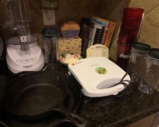 Cuisinart food processor, waffle maker, Lodge Cast iron skillets