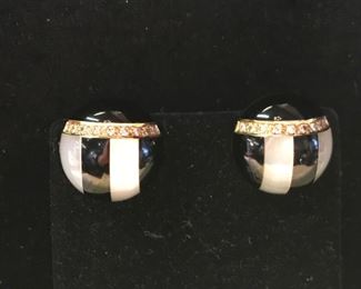 Onynx,mother of pearl and diamond pierced earrings.