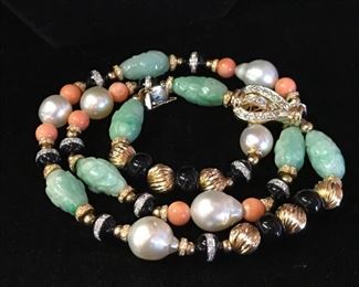 Jade, Onyx, Pearl, Coral, Diamond Rondels, Diamond Clasp necklace.