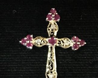 Garnet and diamond 10kt gold cross 1" long