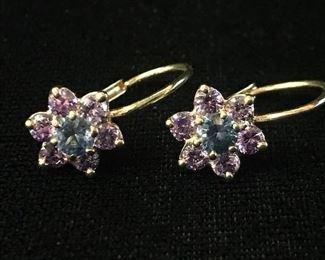 14kt  pink and blue stone flower pierced earrings. 3/4" long