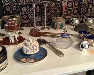Assorted Glass, Perfume Bottle, Sterling Hammered Candlesticks