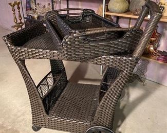All-weather wicker rolling bar cart with two serving trays