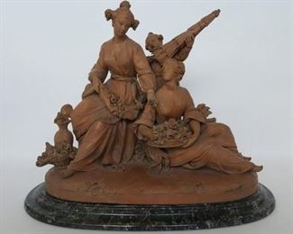 French Terracotta Group sculpture, late 18th or early 19th century depicting two seated maidens and a child gathering flowers. Was a part of the Henry J Heinz II collection sold by Sotheby Park Bernet, lot 248 on 3/19/77.