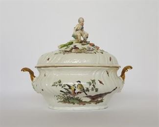 Meissen Tureen & original Lid, Mid/Late 18th Century with painted birds, insects and several vegetables.