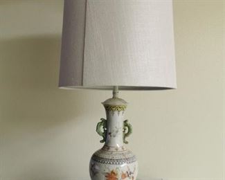 Chinese Vase Lamp - white with hand painted floral design and decorative handles, circa 1920 but not authenticated