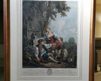 "L'Obeisance Recompensee" Hand Colored engraving by R. Gaillard after Francois Boucher,