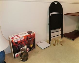 life ladder escape ladder 
bathroom scale 
metal folding chair                                                    antique&nbsp;glass candy dish 6 ½" diameter, aprox 4" high 
pair marble horse head bookends 7 ½" h&nbsp;x 4" wide base 
sterling silver pitcher 8 ⅝" h