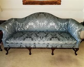 1930's Silver/Blue Mahogany Chippendale Camelback sofa&nbsp;covered in original silk fabric