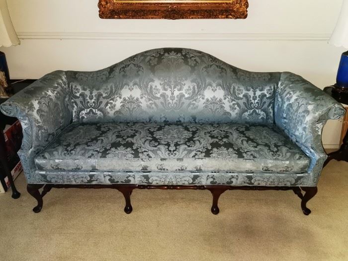 1930's Silver/Blue Mahogany Chippendale Camelback sofa&nbsp;covered in original silk fabric