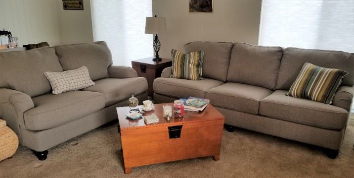Nice, new living room set: Sofa, Loveseat, Chair and a half, cute metal table lamps, storage coffee table