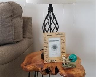 Burl wood side table with hair pin legs and metal table lamp