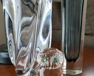 Orrefors vase, Murano crystal vase and crystal owl