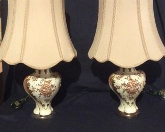 Porcelain de Paris lamps- new silk shades with gold finials. Can find these on EBay store for $600 each- 