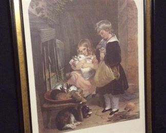 Children and Rabbit lithograph- 1900s