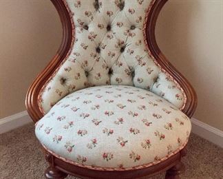 antique slipper chair- rewired and upholstered. Bottom has a skirt that can be removed or added-has been velcrowed. 30d x 30w x 35 h