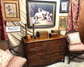 Must love dogs- I’ve collected over 30 years and have a few left.  Antique barley twist candlesticks, antique boxes, and sketches. Davis brother Bombay chest, 18th century reproduction chairs imported from France. 50l x 19d x 35h