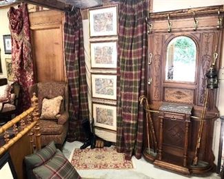Custom worsted wool window treatments, rods and rings. Antique hall tree imported from France, reproduction maps of England