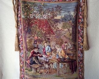 Handmade tapestry from Portugal, approx 4 x5, comes with rod, finials, and tassels... 