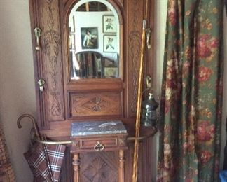 Treasured piece- beveled mirror hall tree imported from France. Has marble top and drawer. 38w x 12d x 80h
