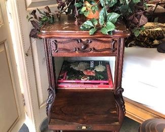 19th century nightstand, has 1 drawer and lid open and closes. Brown marble top- imported from France