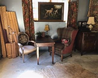 Sheraton writing desk, 24w x 46l x 30h, 4 panels of floral window treatment- fabric from England, rods and rings