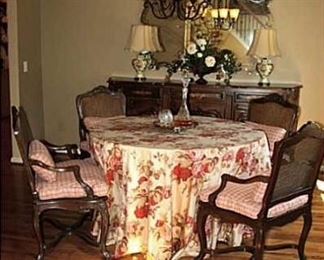 Custom 54” table form and custom Ralph Lauren table skirt. Have 2 French chairs left