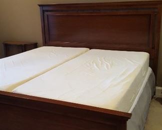 Split king temper mattress and boxspring. King bed frame