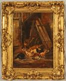 19th C. OIL PAINTING ON CANVAS. DEPICTING ROOSTERS AND CHICKENS IN A BARN. SIGNED DUPRIE, LOWER LEFT. GILT FRAME. REPAIRED W/ PATCHES ON THE BACK . 18 1/2" H X 15"W.