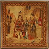 FRAMED ENGLISH FIGURAL TAPESTRY. NEEDLEPOINT AND PETITE POINT. GOOD. 29 3/4" H X 29 1/4" W.