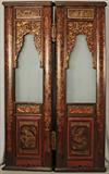 PAIR OF ANTIQUE RED CHINESE LACQUERED DOORS. NING PO CARVED PANEL. GILT FIGURAL AND FLORAL DECORATION. GOOD. 77 1/2" H X 25" W @ PANEL