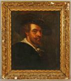 ANTIQUE OIL PAINTING ON CANVAS. PORTRAIT OF A MAN. AFTER PAUL RUBINS. GILT FRAME. RECANVASED. 24" H X 21" W.