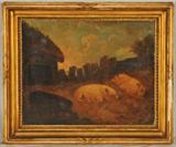 18th C. OIL PAINTING ON CANVAS. DEPICTING PIGS IN FARM YARD. SIGNED, G M 1795. GILT FRAME. GOOD. 14 1/4" H X 17 1/2" W.