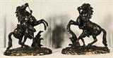 PR OF BRONZE MARLY HORSES WITH HANDLERS. OVAL MARBLE BASES. SIGNED COUSTOU. GOOD. 22" H X 18" W.