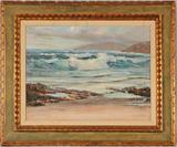 OIL PAINTING ON CAVANS. SEASHORE . SIGNED JOYCE CLARK. GILT PAINTED FRAME. GOOD. 10" H X 24" W.