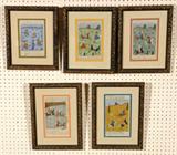 5 PERSIAN FRAMED PAGES. MULTI COLOR WITH FIGURAL DECORATION. SOME HAVE WRITTEN TEXT. GOOD. 8 1/2" H X 6" W.