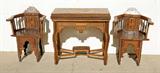 3 PC MOROCCAN INLAID GAME SET. CONSISTING OF A FLIP TOP MULTI GAME TABLE AND A PAIR OF ARM CHAIRS. ALL PIECES HAVE MULTI DESIGN INLAID WOODS AND MOTHER OF PEARL. 32" H X 34" W X 16" D. GOOD. OPEN 33 3/4" SQ.