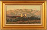 AMERICAN OIL PAINTING. DEPICTING A SANTA BARBARA MISSION. LUDMILLA P. WALCH ( 1867-1925. ) GILT FRAME. GOOD. 10" H X 18 1/4" W