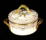 ROYAL COPENHAGEN "FLORA DANICA" COVERED CUSTARD POT. "POTENTILLA" PATTERN. GOOD. 3" H X 4 1/2" W.