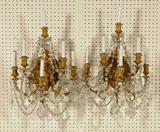 PR. ANTIQUE GILT BRONZE 6 LIGHT WALL SCONCES. LOUIS XV STYLE. HANGING CRYSTAL PRISMS. BEADED GARLAND. SIGNED F. BARBEDIENNE. GOOD. 28" H X 16'" W X 13'" D.