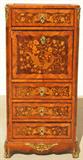 19th C. FRENCH LOUIS XV STYLE FALL FRONT DESK. MULTI COLORED FLORAL MARQUETRY IN ROSEWOOD PANELS. ONE UPPER DRAWER. WRITING SURFACE AND FITTED INTERIOR. 3 LOWER DRAWERS. ORMOLU MOUNTS. CABRILOE LEGS. NO TOP. 55" H X 27" W X 14 1/2" D.